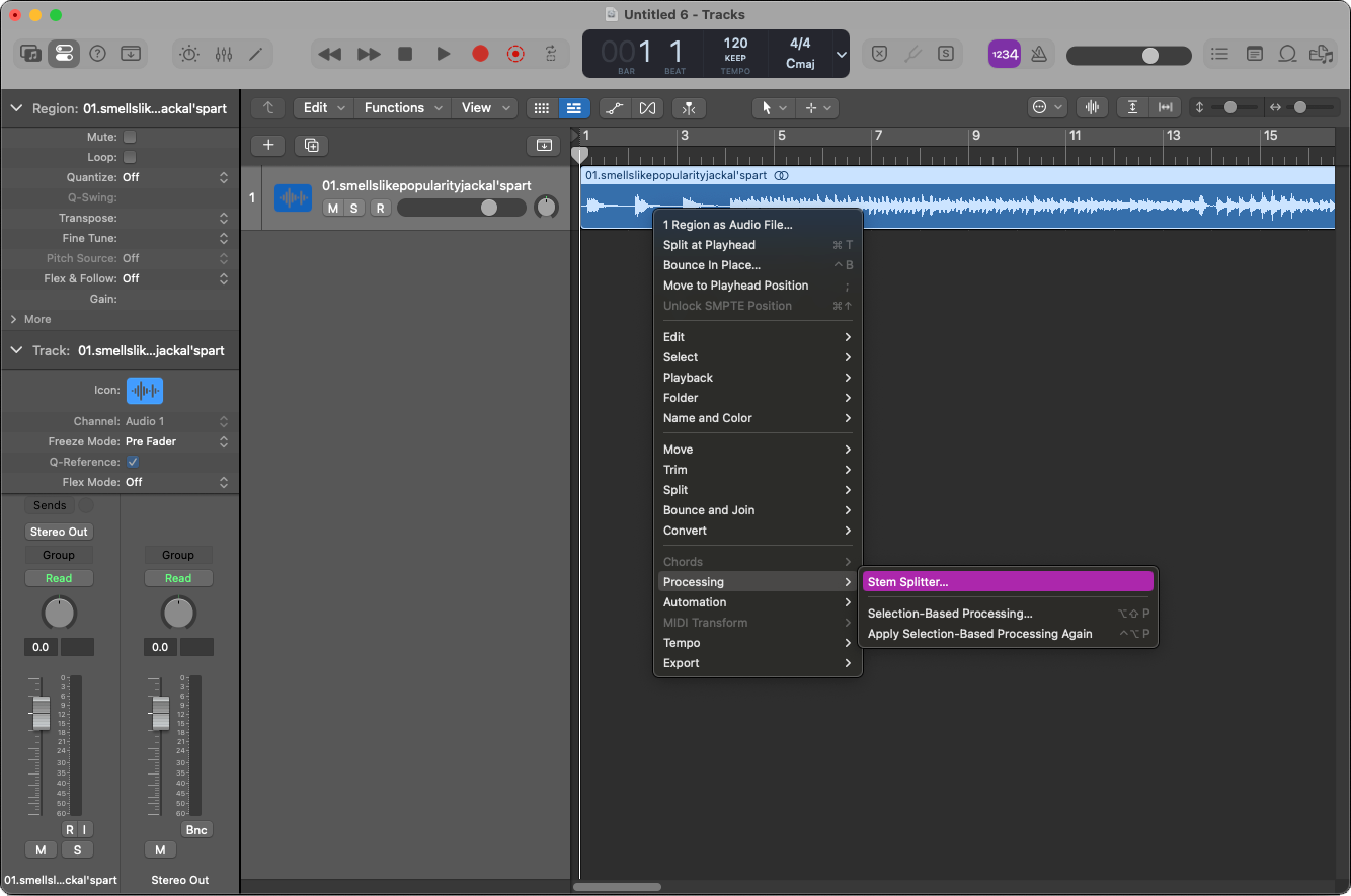 Stem Splitter Menu Option in Logic Pro