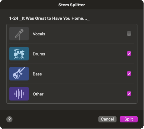 Stem Splitting Dialogue box in Logic Pro